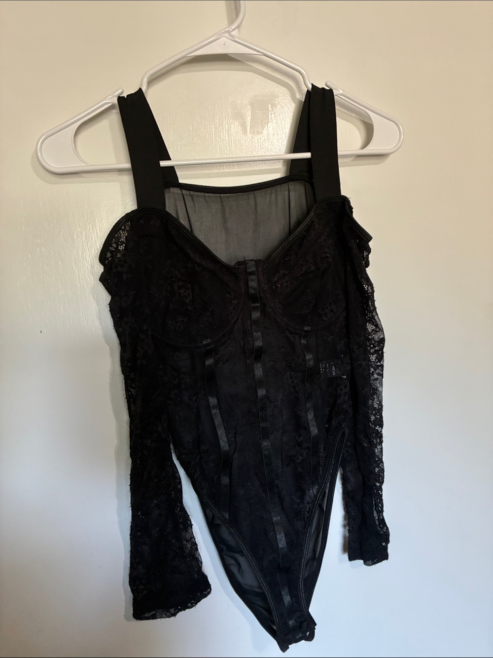 Black Lace Long-Sleeve Bodysuit with Structured Cups